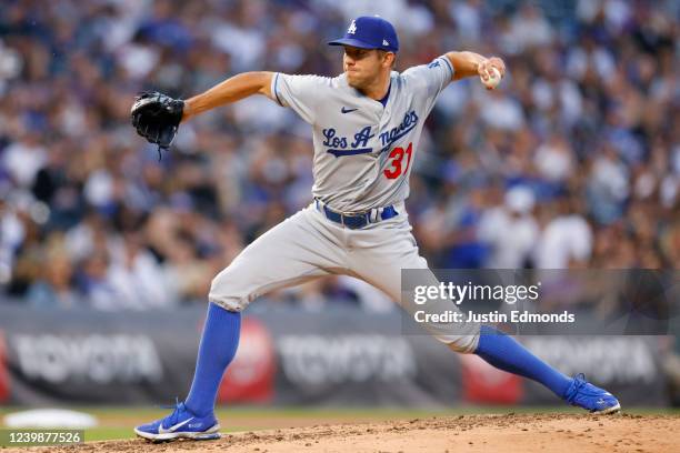 Relief pitcher Tyler Anderson of the Los Angeles Dodgers delivers to home plate in the fourth inning against the Colorado Rockies at Coors Field on...