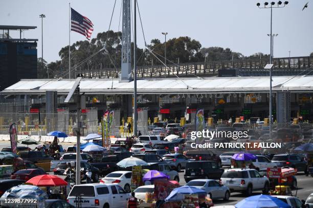 Vehicles wait to enter the United States Customs and Border Protection San Ysidro Port of Entry along the US-Mexico border in Tijuana, Baja...