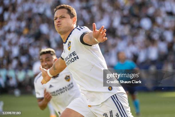 Javier Hernández of Los Angeles Galaxy celebrates his goal during the match against Los Angeles FC at the Dignity Health Sports Park on April 9, 2022...