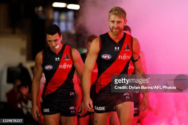 Dyson Heppell of the Bombers looks on during the 2022 AFL Round 04 match between the Essendon Bombers and the Adelaide Crows at Marvel Stadium on...