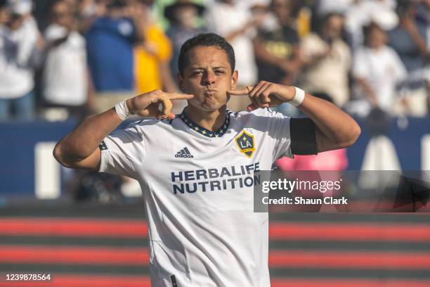 Javier Hernández of Los Angeles Galaxy celebrates his goal during the match against Los Angeles FC at the Dignity Health Sports Park on April 9, 2022...