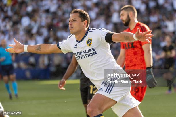Javier Hernández of Los Angeles Galaxy celebrates his goal during the match against Los Angeles FC at the Dignity Health Sports Park on April 9, 2022...