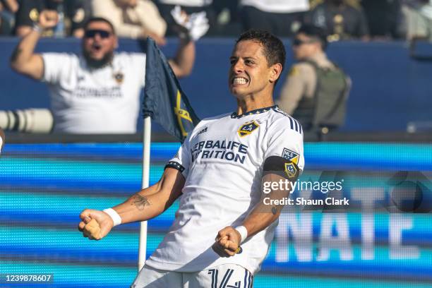 Javier Hernández of Los Angeles Galaxy celebrates his goal during the match against Los Angeles FC at the Dignity Health Sports Park on April 9, 2022...