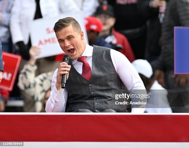 Madison Cawthorn speaks during former US President Donald Trump's rally sponsored by Save America with Ted Budd, Madison Cawthorn, Bo Hines, Dan...