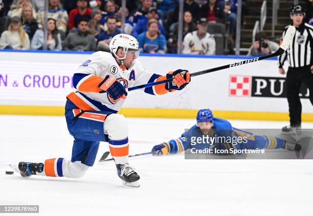 New York Islanders rightwing Josh Bailey shoots but doesn't have the puck during a NHL game between the New York Islanders and the St. Louis Blues on...