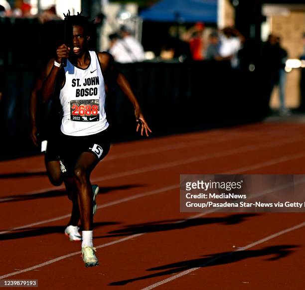 Arcadia, CA Jaden Smith of St. John Bosco runs the final leg and wins the 4x200 meter Relay Invitational setting a California state record during the...