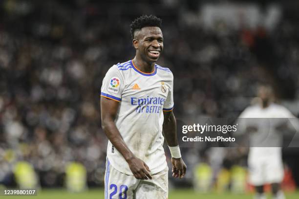 Vinicius Junior of Real Madrid CF in action during the LaLiga Santander match between Real Madrid and Getafe CF at Santiago Bernabeu on 09 April 2022...