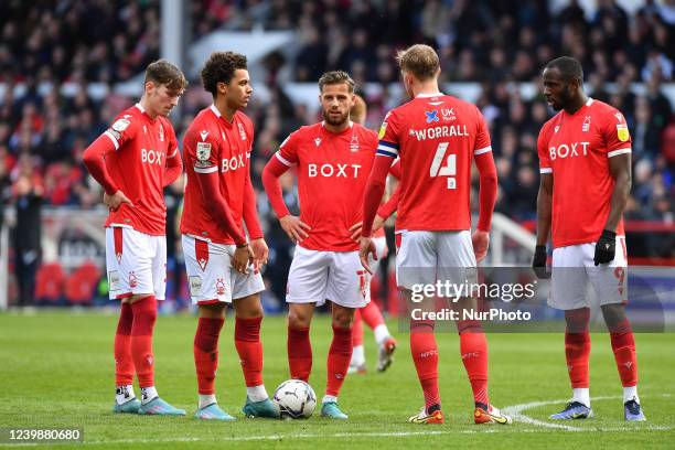 Forest players plan a free-kick during the Sky Bet Championship match between Nottingham Forest and Birmingham City at the City Ground, Nottingham on...