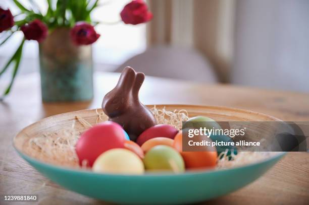 April 2022, Berlin: ILLUSTRATION - An unwrapped chocolate bunny and colored eggs lie in a bowl placed on a table. Photo: Annette Riedl/dpa