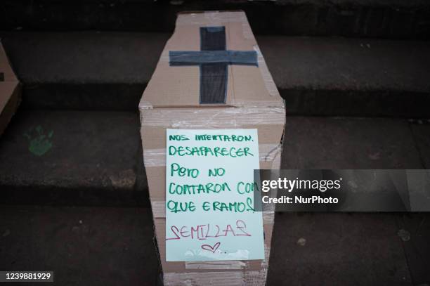 Carboard coffin with a message that reads 'They tried to dissapear us, but they didn't count of we being seeds' as Embera indigenous communities that...