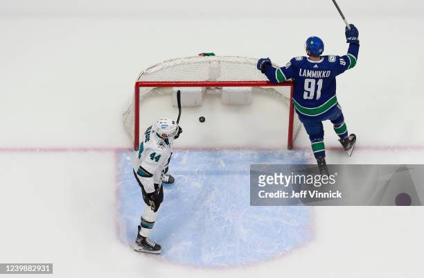 Marc-Edouard Vlasic of the San Jose Sharks looks on as Juho Lammikko of the Vancouver Canucks celebrates a Vancouver goal during their NHL game at...