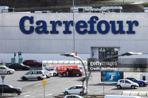 Carrefour logo is seen on a shopping mall in Krakow, Poland on April 8, 2022.
