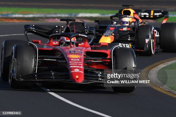 Ferrari's Monegasque driver Charles Leclerc drives during the 2022 Formula One Australian Grand Prix at the Albert Park Circuit in Melbourne on April...