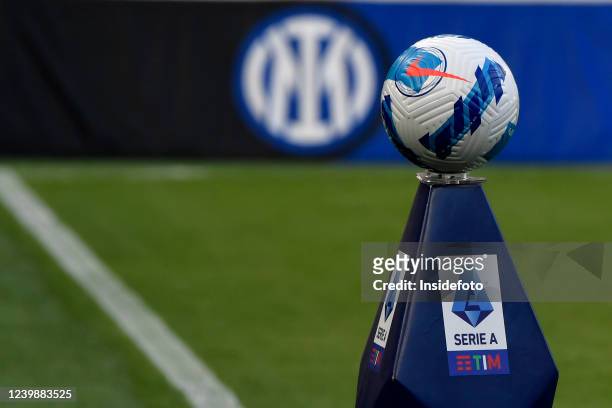 The Nike ball on a pedestal with the Serie A logo and a FC Internazionale logo in the background is seen during the Serie A football match between FC...