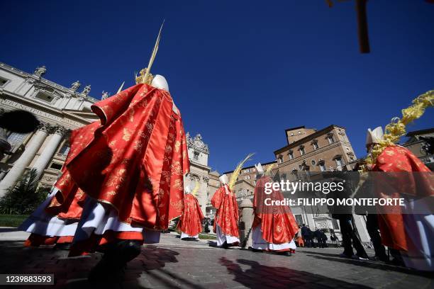 Cardinals take part at the procession as Pope Francis leads the Palm Sunday mass in St. Peter square, at the Vatican on April 10, 2022 - Palm Sunday...