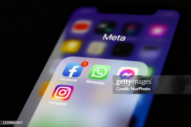 Facebook, WhatsApp, Messenger and Instagram icons displayed on a phone screen are seen in this illustration photo taken in Krakow, Poland on April 6,...