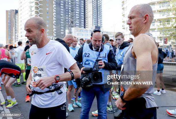 Dutch former football player Arjen Robben and Dutch former speed skater Erben Wennemars prepare to take part in the 41st edition of the Rotterdam...