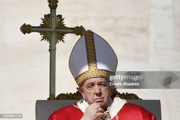 Pope Francis attends the Palm Sunday Mass in St. Peter's square at the Vatican City Vatican, on April 10, 2022. After 2 years of Covid-19 pandemic...