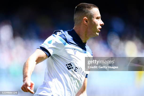 Adam Marusic of Lazio celebrates after scoring a goal during the Serie A match between Genoa CFC and SS Lazio at Stadio Luigi Ferraris on April 10,...