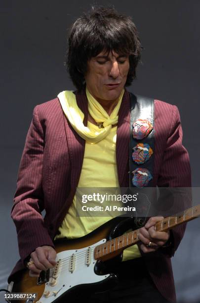 Ron Wood and The Rolling Stones perform during a press conference to announce "The Bigger Bang" world tour at the Julliard Music School May 10, 2005...