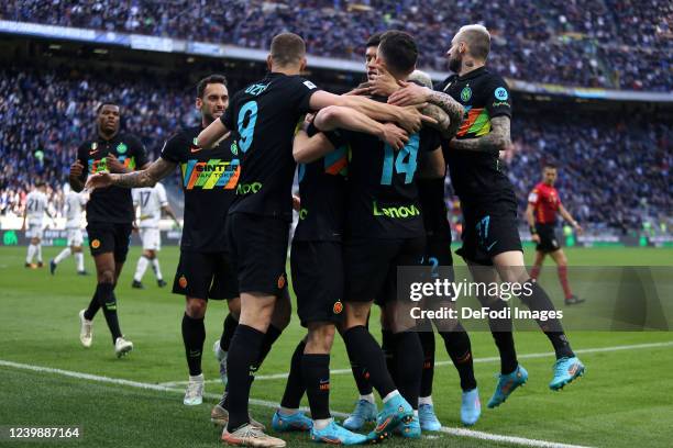 Nicolo Barella of FC Internazionale celebrates after scoring his team's first goal with team mates during the Serie A match between FC Internazionale...