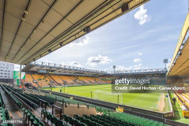General view of Carrow Road, home of Norwich City during the Premier League match between Norwich City and Burnley at Carrow Road on April 10, 2022...