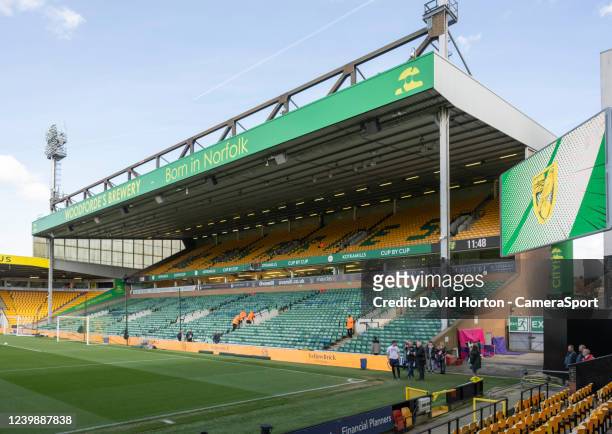 General view of Carrow Road, home of Norwich City during the Premier League match between Norwich City and Burnley at Carrow Road on April 10, 2022...