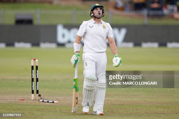 South Africa's Dean Elgar reacts after being bowled by Bangladesh's Taijul Islam during the third day of the second Test cricket match between South...