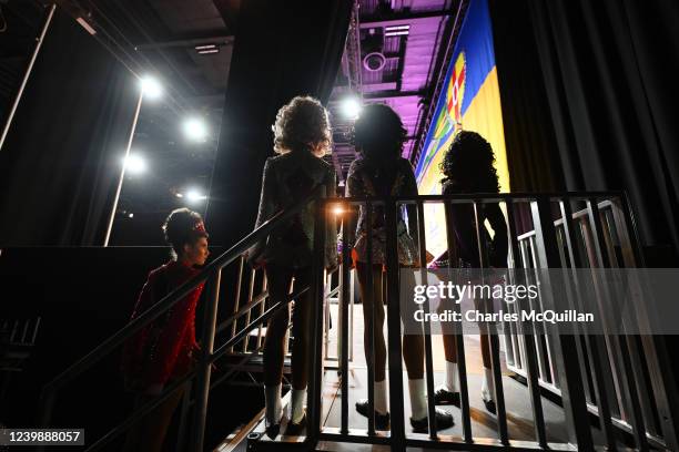 Dancers wait to be called to the stage during the opening day of the World Irish Dancing Championships at the Waterfront Hall on April 10, 2022 in...