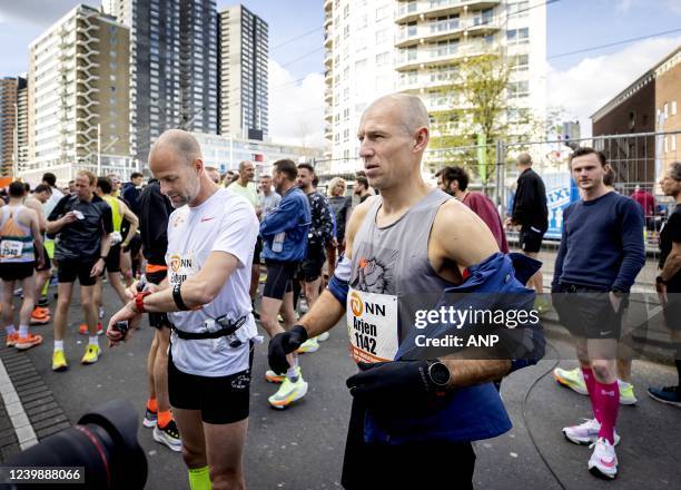 Former speed skater Erben Wennemars and former football player Arjen Robben prior to the 41st edition of the NN Marathon Rotterdam on April 10, 2022...