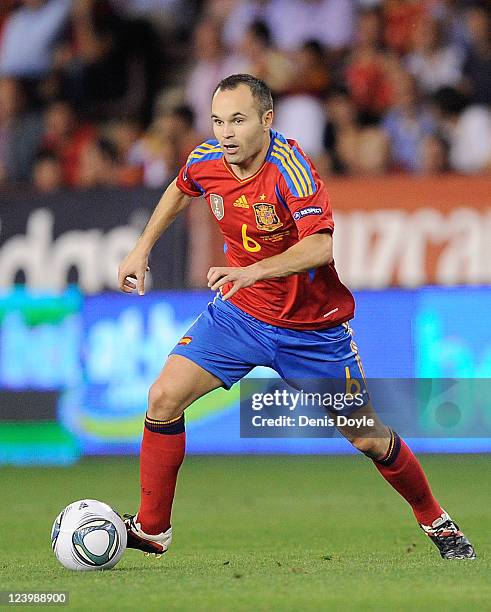 Andres Iniesta of Spain in action during the EURO 2012 Qualifier match between Spain and Liechtenstein at estadio Las Gaunas on September 6, 2011 in...