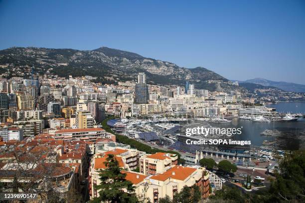 Aerial view of luxury yachts and sailing boats at Port of Hercules on Mediterranean Sea, Monaco.