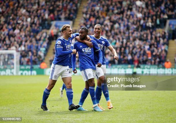 Ademola Lookman of Leicester City celebrates with Kiernan Dewsbury-Hall of Leicester City and Youri Tielemans of Leicester City after scoring to make...