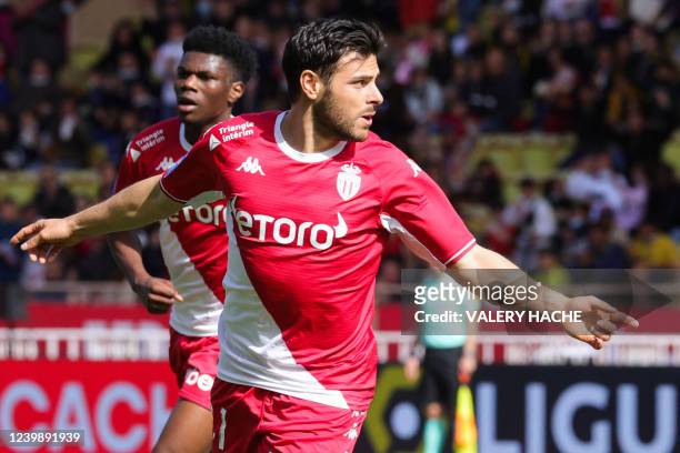 Monaco's German forward Kevin Volland celebrates after scoring a goal during the French L1 football match between Monaco and ES Troyes AC at the...