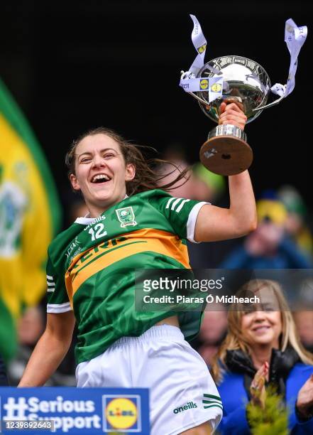 Dublin , Ireland - 10 April 2022; Kerry captain Anna Galvin lifts the cup after her side's victory in the Lidl Ladies Football National League...