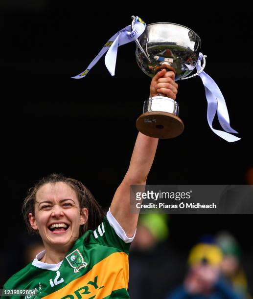 Dublin , Ireland - 10 April 2022; Kerry captain Anna Galvin lifts the cup after her side's victory in the Lidl Ladies Football National League...