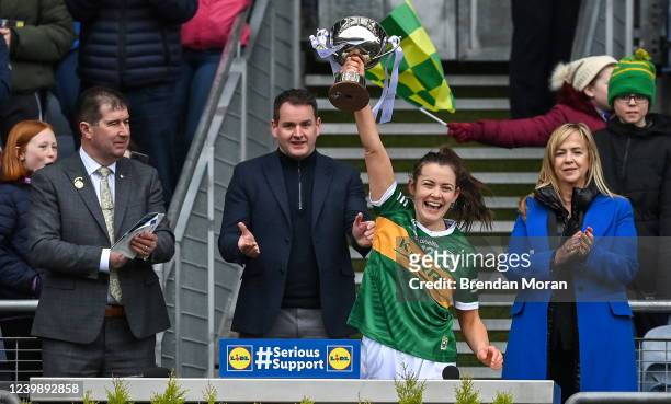 Dublin , Ireland - 10 April 2022; Kerry captain Anna Galvin lifts the cup after the Lidl Ladies Football National League Division 2 Final between...