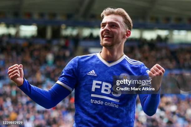 Kiernan Dewsbury-Hall of Leicester City celebrates the win during the Premier League match between Leicester City and Crystal Palace at The King...