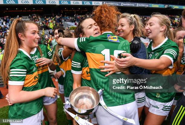 Dublin , Ireland - 10 April 2022; Kerry captain Anna Galvin, behind, celebrates with teammate Louise Ní Mhuircheartaigh after their side's victory in...