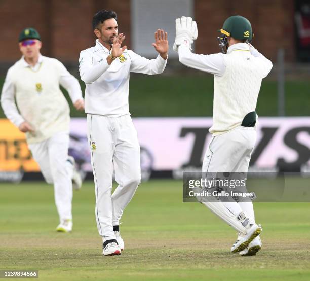 Keshav Maharaj and Kyle Verreynne of the Proteas celebrate the wicket of Najmul Hossain Shanto of Bangladesh during day 3 of the 2nd ICC WTC2 Betway...