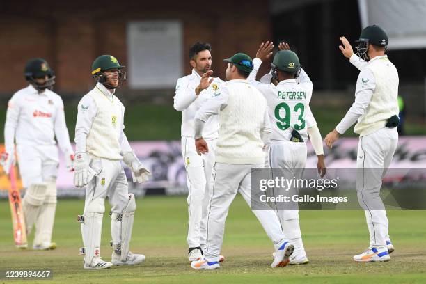 The Proteas celebrate the wicket of Najmul Hossain Shanto of Bangladesh during day 3 of the 2nd ICC WTC2 Betway Test match between South Africa and...