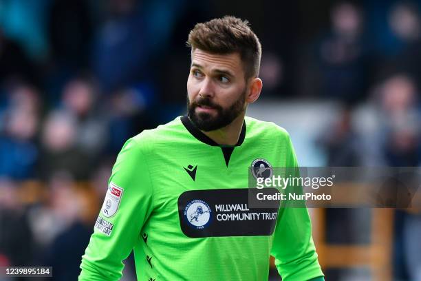 Bartosz Bialkowski of Millwall looks on during the Sky Bet Championship match between Millwall and Barnsley at The Den, London on Saturday 9th April...