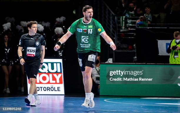 Mijajlo Marsenic of Fuechse Berlin during the game between Fuechse Berlin against TSV Hannover-Burgdorf on April 10, 2022 at Max-Schmeling-Halle in...