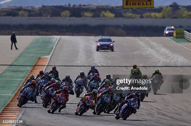 Superbike riders compete during the World SuperBike race 2 at the Pirelli Aragon Round from the MotorLand Aragon circuit in Alcaniz, Teruel, Spain on...