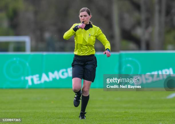 The Referee runs during the U16 Junior Girls DFB Federal Cup Tournament between Saarland and Thueringen at Sports School Wedau on April 10, 2022 in...