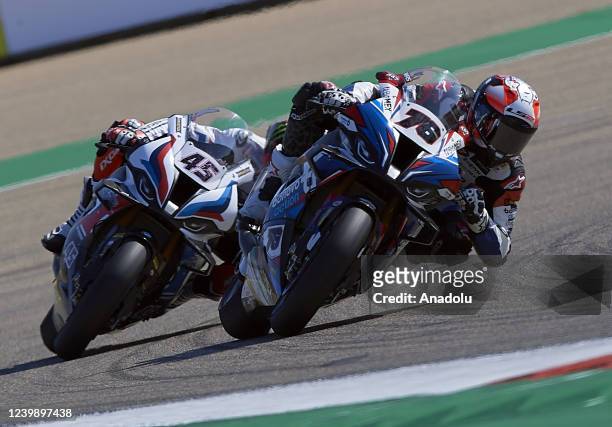 Loris Bas of Bonovo Action BMW competes during the World SuperBike race 2 at the Pirelli Aragon Round from the MotorLand Aragon circuit in Alcaniz,...