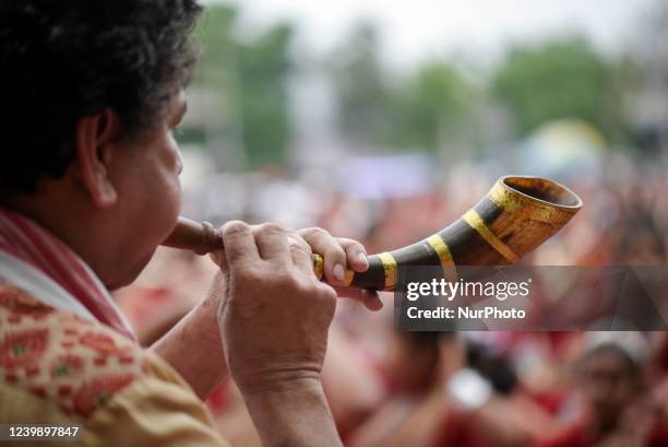 Man playing traditional Pepa at a Bihu Dance workshop, ahead of Rongali Bihu festival in Guwahati, Assam, India on Sunday, 10 April 2022. Rongali...