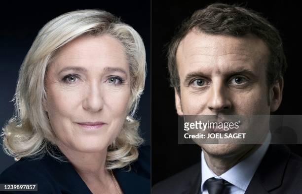 This combination of files pictures created on April 10, 2022 shows French far-right party Rassemblement National's presidential candidate Marine Le...