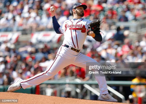 Ian Anderson of the Atlanta Braves pitches during the first inning of an MLB game against the Cincinnati Reds at Truist Park on April 10, 2022 in...