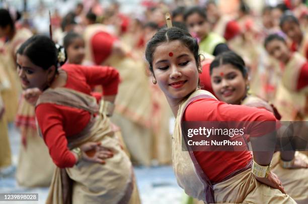 Girls perform traditional dance at a Bihu Dance workshop, ahead of Rongali Bihu festival in Guwahati, Assam, India on Sunday, 10 April 2022. Rongali...